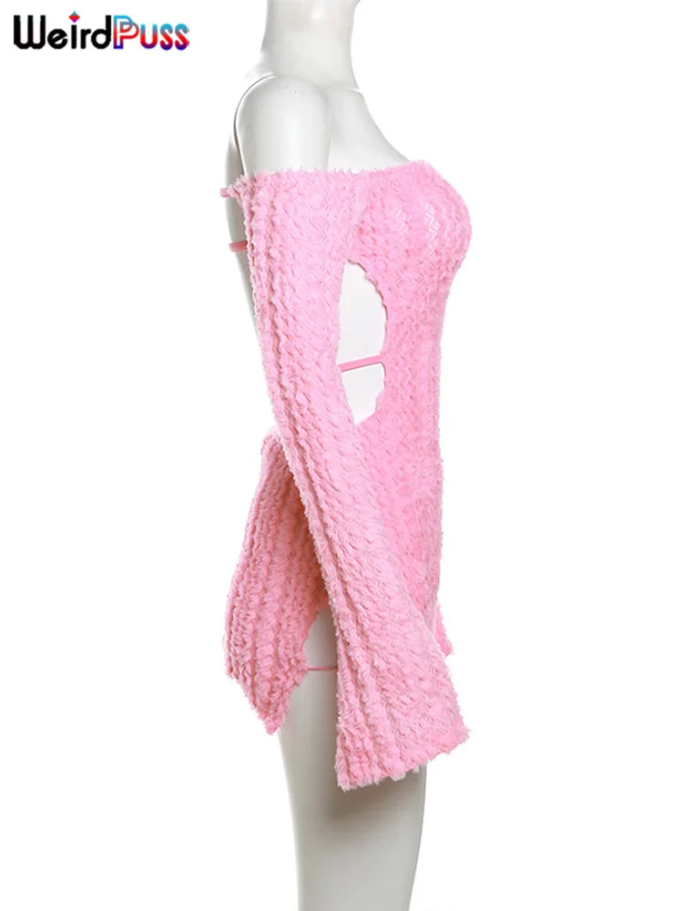 Weird Puss Knit Elegant Slash Neck Dress Women Sexy Trend Backless Irregular Skinny Streetwear Midnight Side Hollow Chic Bodycon