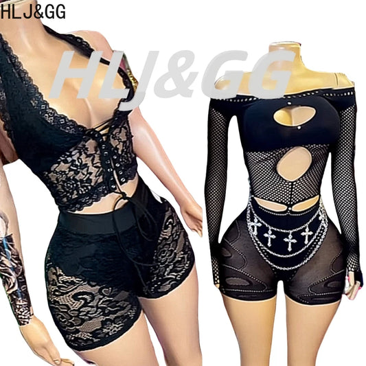 HLJ&GG Sexy Lace Hollow See Though Two Piece Sets Women V Neck Spaghetti Strap Slim Crop Top + Shorts Outfits Fashion Streetwear