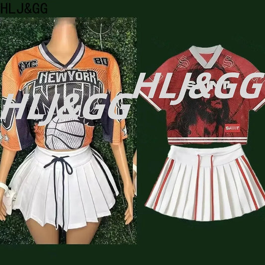 HLJ&GG Fashion 2 Piece Sets Women Outfit Deep V Letter Printing Loose T-shirt + Pleated Skirt Suit Streetwear Spring Summer New