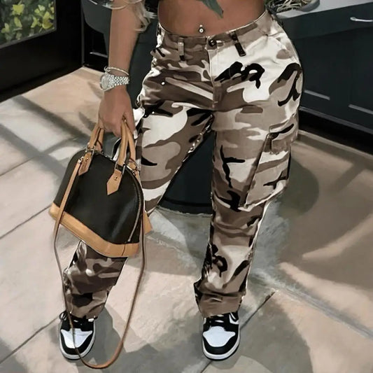 Women's Camo Print Cargo Pants High Waist Wide Leg Baggy Streetwear Casual Camouflage Military Trousers with Pockets