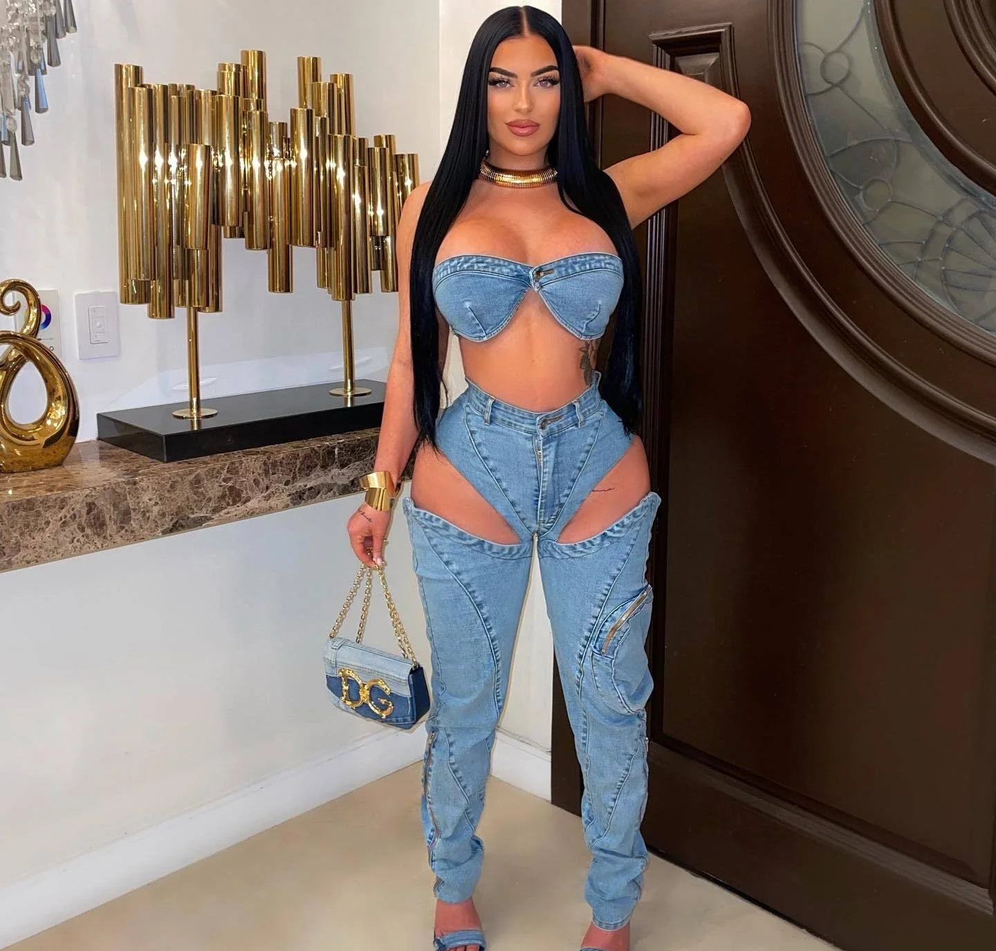 HLJ&GG Sexy jeans, Sleveless Hollow Out 2 Piece Sets Outfit Women Bikini Tops And Cargo Jean Pants Suits 2025 Cowboy Streetwear