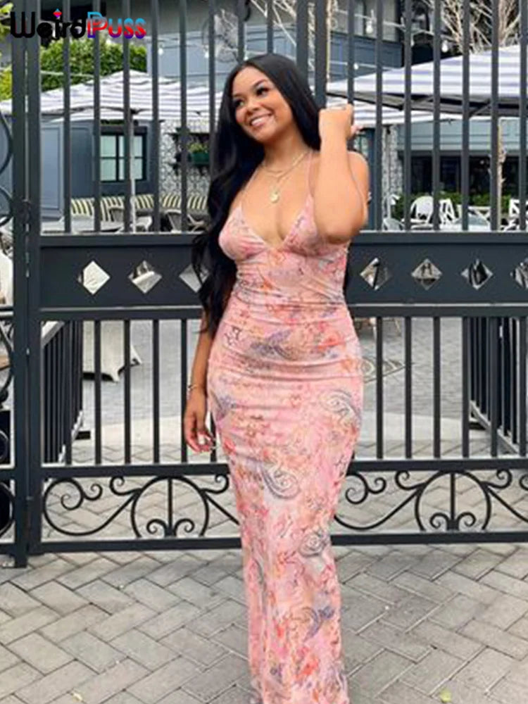 Weird Puss Chic Butterfly Women Maxi Dress Print Backless Spaghetti Straps V Neck Halter Bodycon Hot Girls Club Party Vestidos