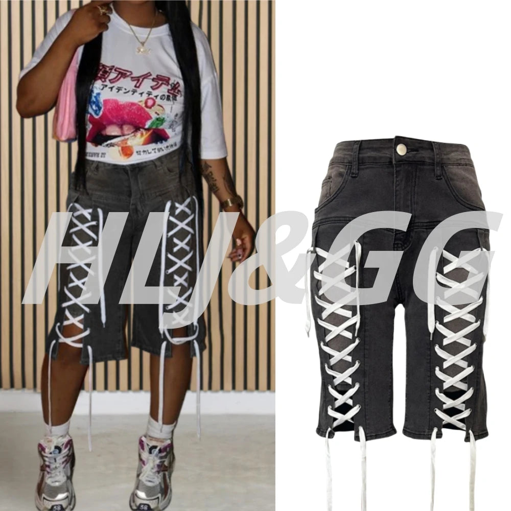 HLJ&GG American Vintage Fashion Bandage Straight Jean Shorts Women High Waisted Button Loose Denim Shorts Female Cowboy Bottom