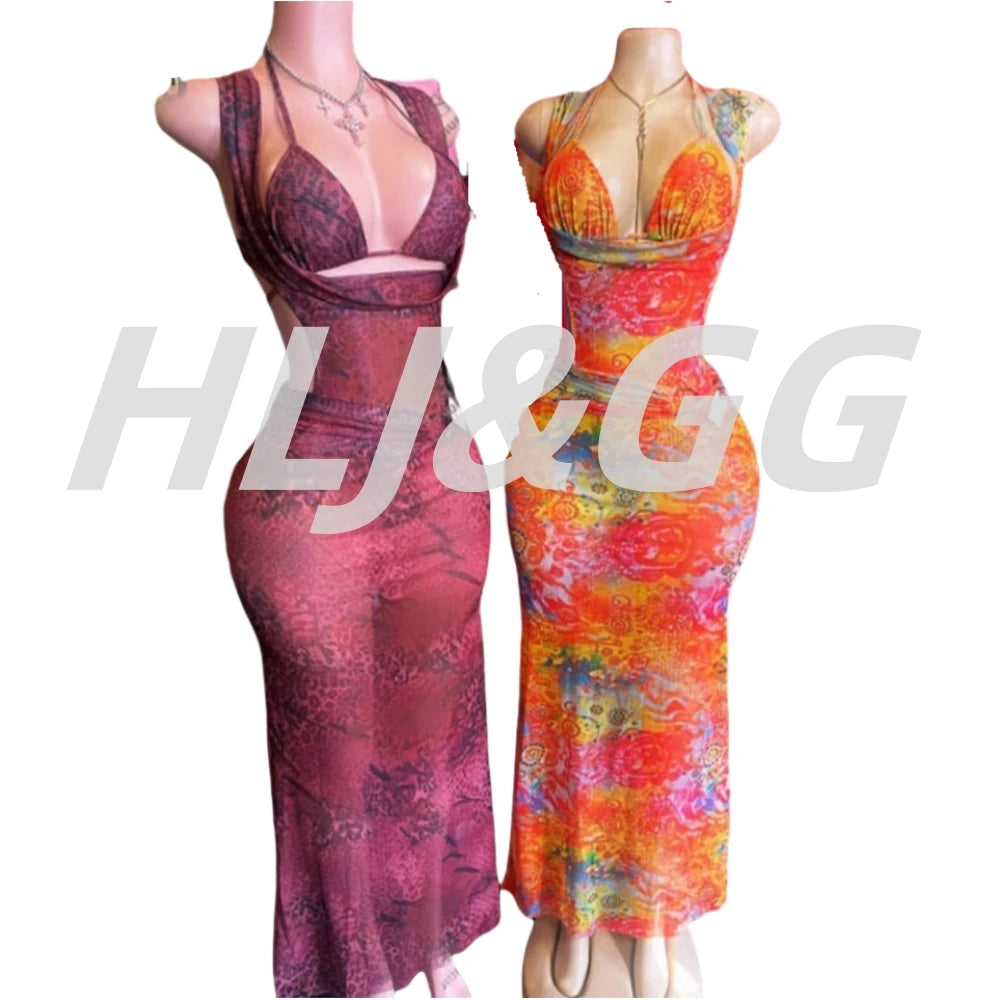 HLJ&GG Sexy Deep V Mesh See Though Bandage Long Dresses Women Tie Dye Print Sleeveless Backless Slim Vestidos Fashion Streetwear