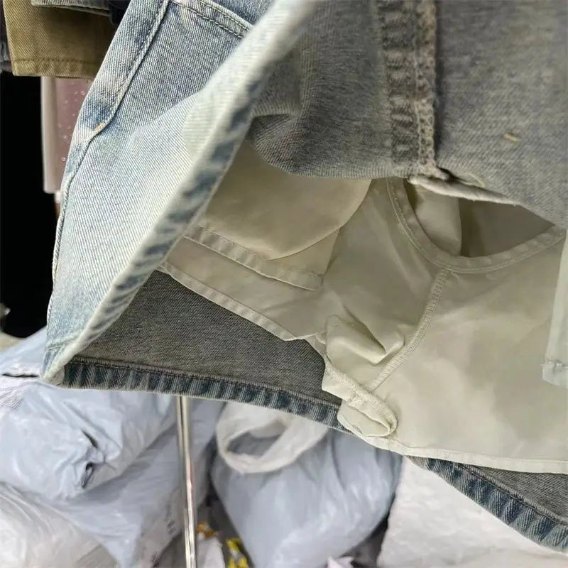 Vintage Fashion High Waist Diamonds A-line Skirt Trend Sexy Pocket Skirt Clothing Fashionable Distressed Mini jeans skirt