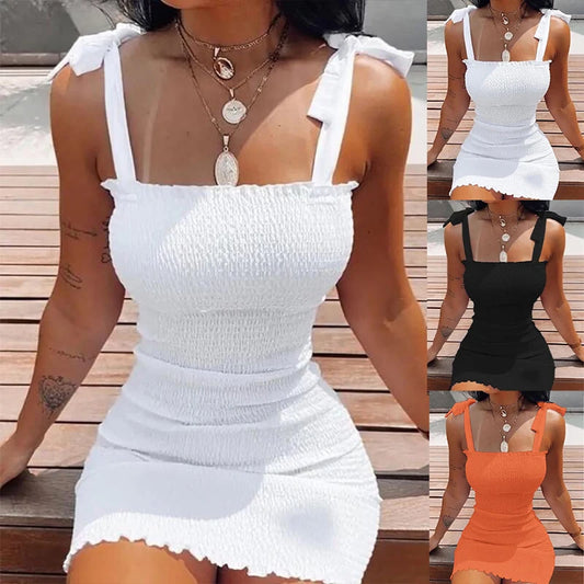 Trendy Solid Strap Short White Dresses Off Shoulder Sexy  Pullover Sheath Mini Summer Beach Vest Dress