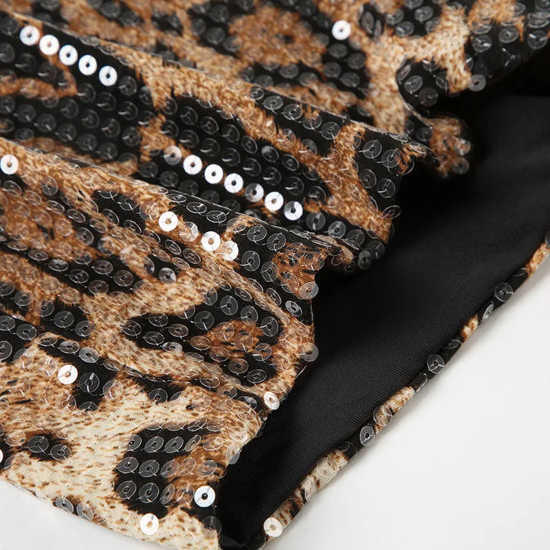 HLJ&GG Fashion Y2K Sequin Leopard Shorts Two Piece Sets Women Round Neck Short Sleeve Slim Crop Top And Shorts Outfit Streetwear