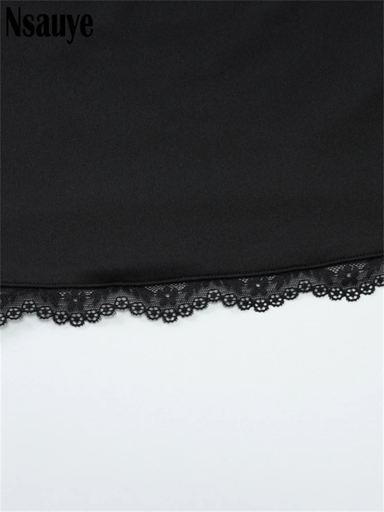 Nsauye Women Fashion Long Sleeve Lace Skinny T Shirt Sexy Club Y2K Clothes Patchwork Crop Tops Basic Tees Streetwear