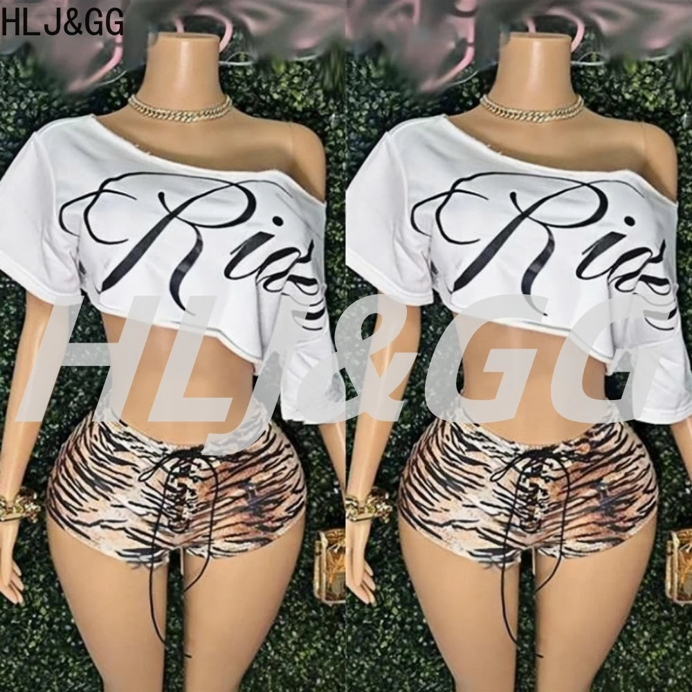 HLJ&GG Y2K Fashion Letter One Shoulder Crop Top Two Piece Sets Women Loose Tshirts And Tiger Shorts Outfits Summer Streetwear