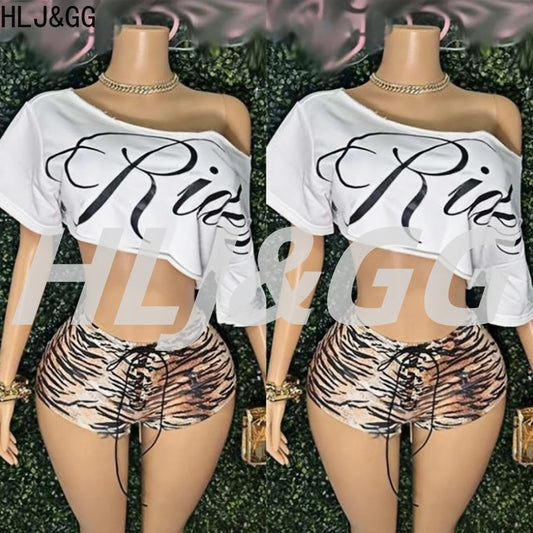HLJ&GG Y2K Fashion Letter One Shoulder Crop Top Two Piece Sets Women Loose Tshirts And Tiger Shorts Outfits Summer Streetwear