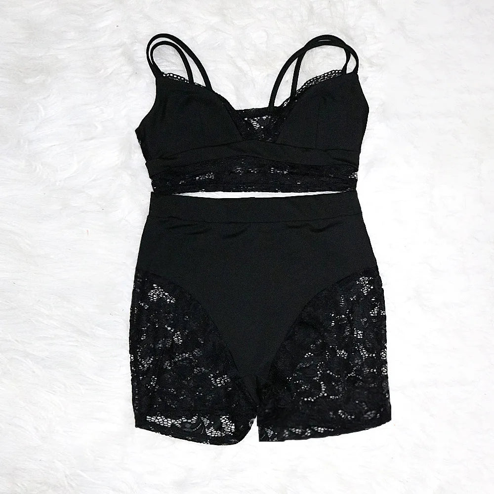 HLJ&GG Sexy Lace Hollow See Though Two Piece Sets Women V Neck Spaghetti Strap Slim Crop Top + Shorts Outfits Fashion Streetwear