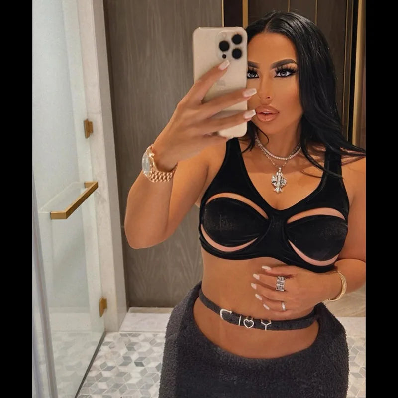 HLJ&GG Sexy Hollow Out Backless Slim Tank Top Women Round Neck Sleeveless Crop Vests Black Fashion Solid Nightclub Clothing 2025
