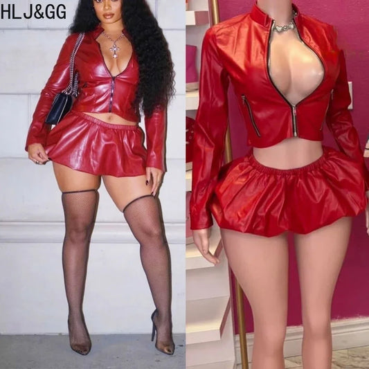 HLJ&GG Red Fashion Leather Puffy Mini Skirts Two Piece Sets Women Zip Long Sleeve Jacket And Skirts Outfit Y2K Female Streetwear