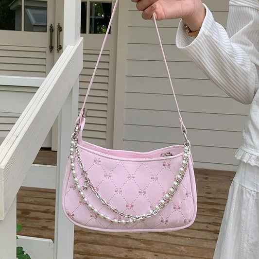 Pink Shoulder Bag Elegant Cute Bow Pearl Chains Bow Embroidery Handbag Casual Leather Korean Fashion Female Handbag