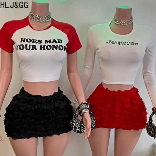HLJ&GG Y2K Fashion Letter Print Slim Tshirts Two Piece Sets Women Round Neck Short Sleeve Top And Leopard Sequin Shorts Outfits