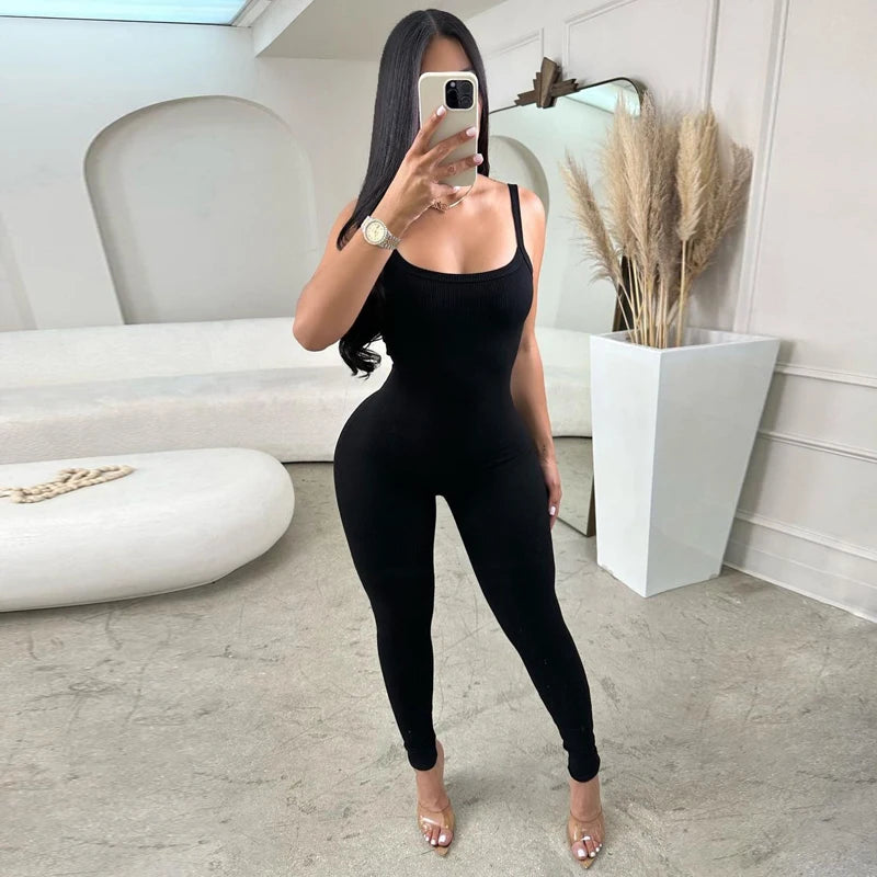 Hugcitar 2024 Fashion Ribbed Solid Slips Backless Sexy Skinny One Piece Jumpsuit Women Y2K Romper Vacation Sport Overalls