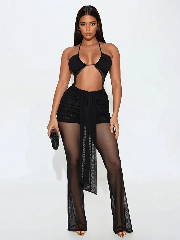 Weird Puss Backless Ruched Jumpsuit Women See Through Sexy Halter Ribbon Hollow Hipster Skinny Summer Clubwear Midnight Overalls