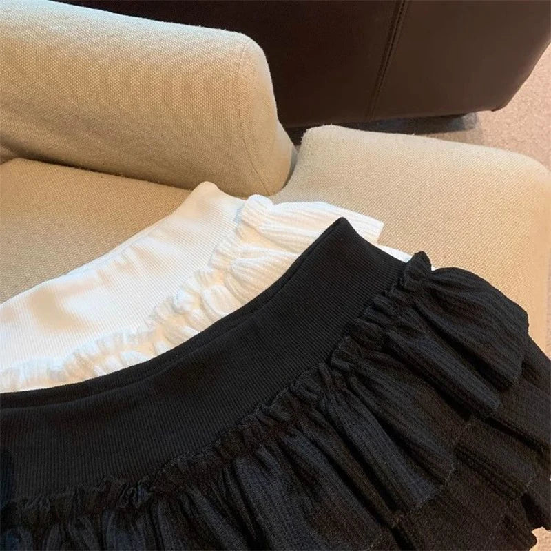 Sweet Puffy Cake Women Skirts Korean Fashion Ruched Ruffle Mini Skirt Campus Harajuku Casual Versatile Elastic Waist Solid Skirt
