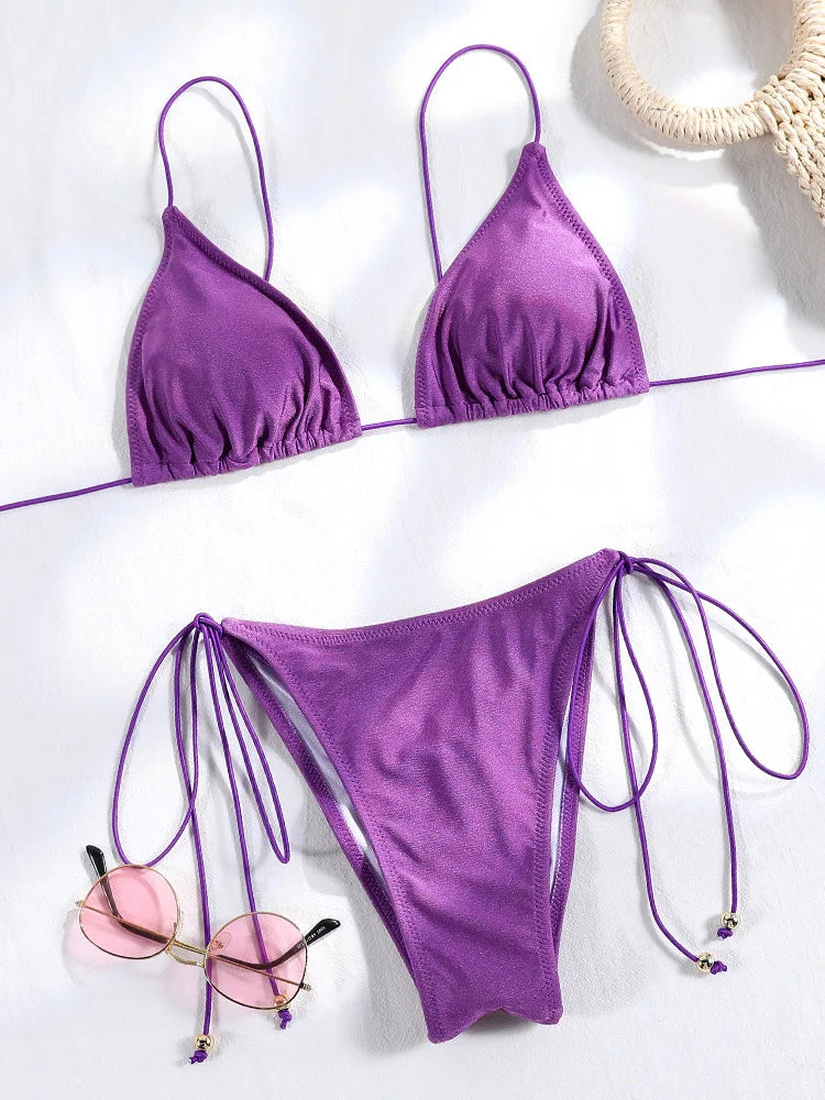 Sexy Bikini Set Triangle Swimwear For Women Micro Bathing Suit Pleated Red Swimsuit Females Bikinis Thong Biquinis