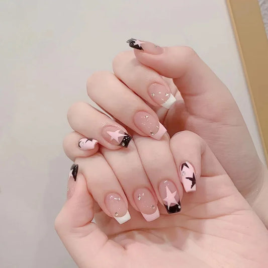 y2k Nails 24pcs Fake Nails Black Pink Color French Press Nail Tips with Five-pointed Star Pattern Artificial Nail Tips for Girls