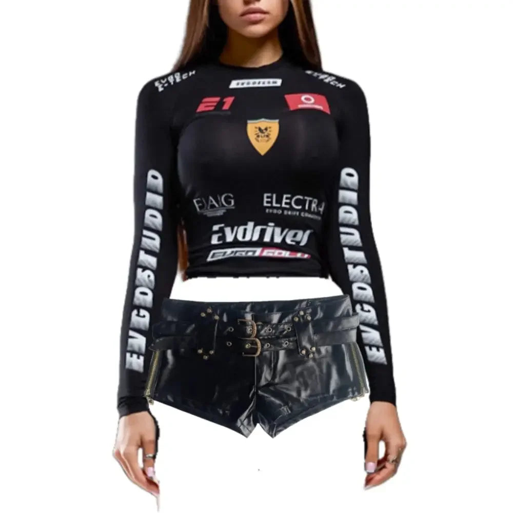 HLJ&GG Y2K Hot Girl Fashion Streetwear Women Letter Print O Neck Long Sleeve Slim Crop Top+Low waist Belt Leather Shorts Outfits