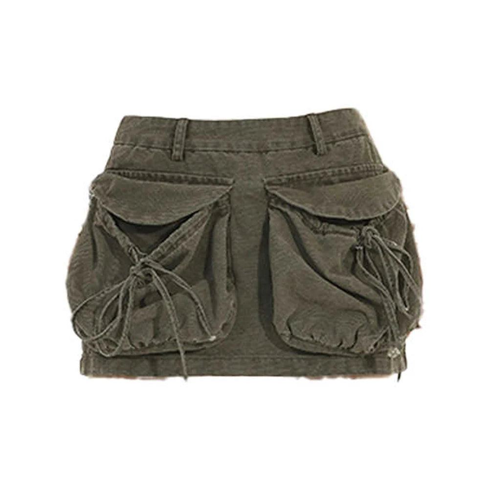 Women's Army Green A-line Cargo Skirt Vintage Y2k Gyaru Mini Cowboy Skirts Harajuku Short Skirts 2000s Clothes 2025 Summer