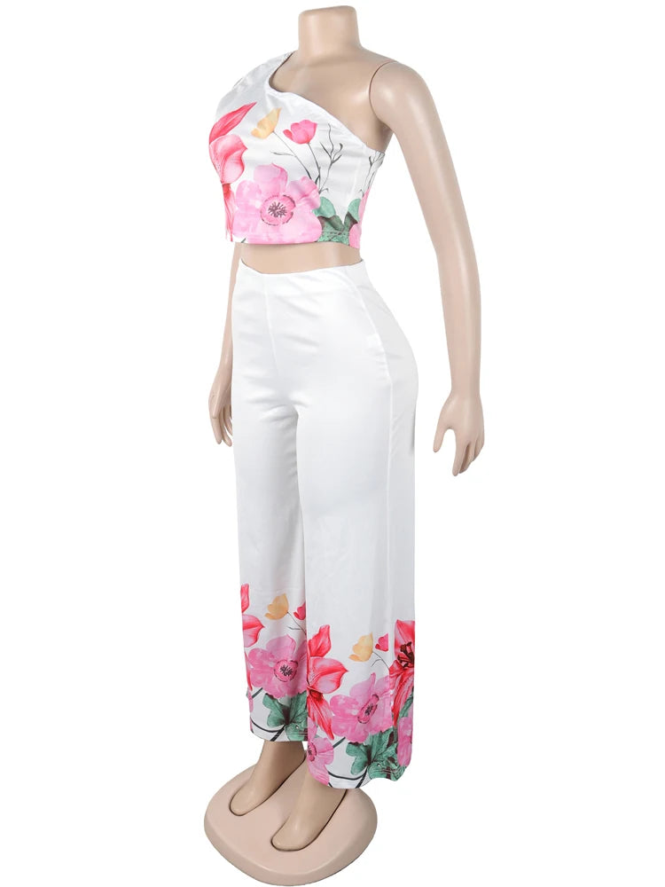 Kricesseen Women's Floral Jumpsuits 2 Piece Outfits Elegant Flower Print Crop Top And Wide Legs Pant Set Clubwear Overalls