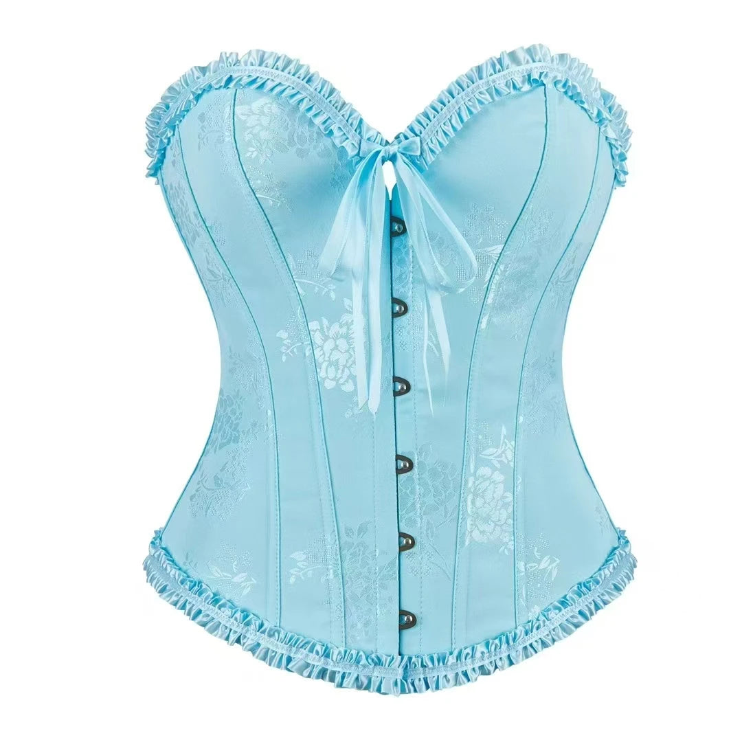 Women Floral Overbust Corset Waist Bustier Top Black White Red Blue Korset Shaper