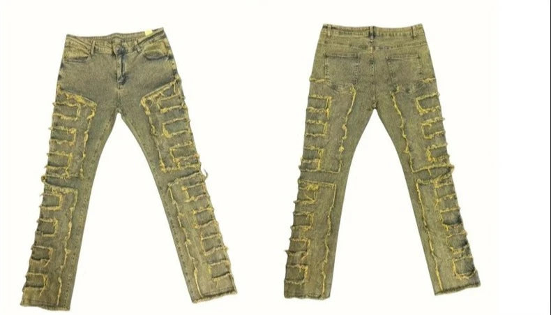 Casual Distressed Men's Jeans Tassels Patchwork Design Vintage Washed Stretch Denim Pants Straight Fashion Streetwear Trousers