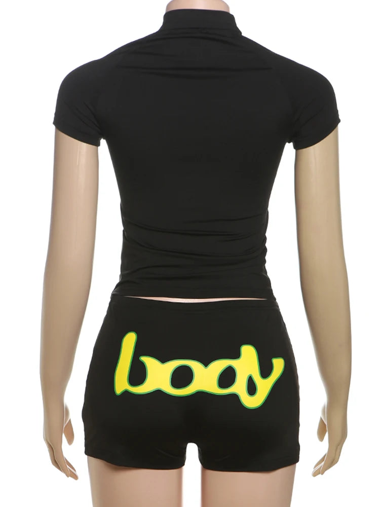 Weird Puss Letter Print Women2 Piece Set Casual Sporty Zip Crop Tops+Shorts Matching Streetwear Stretch Skinny Streetwear Suits