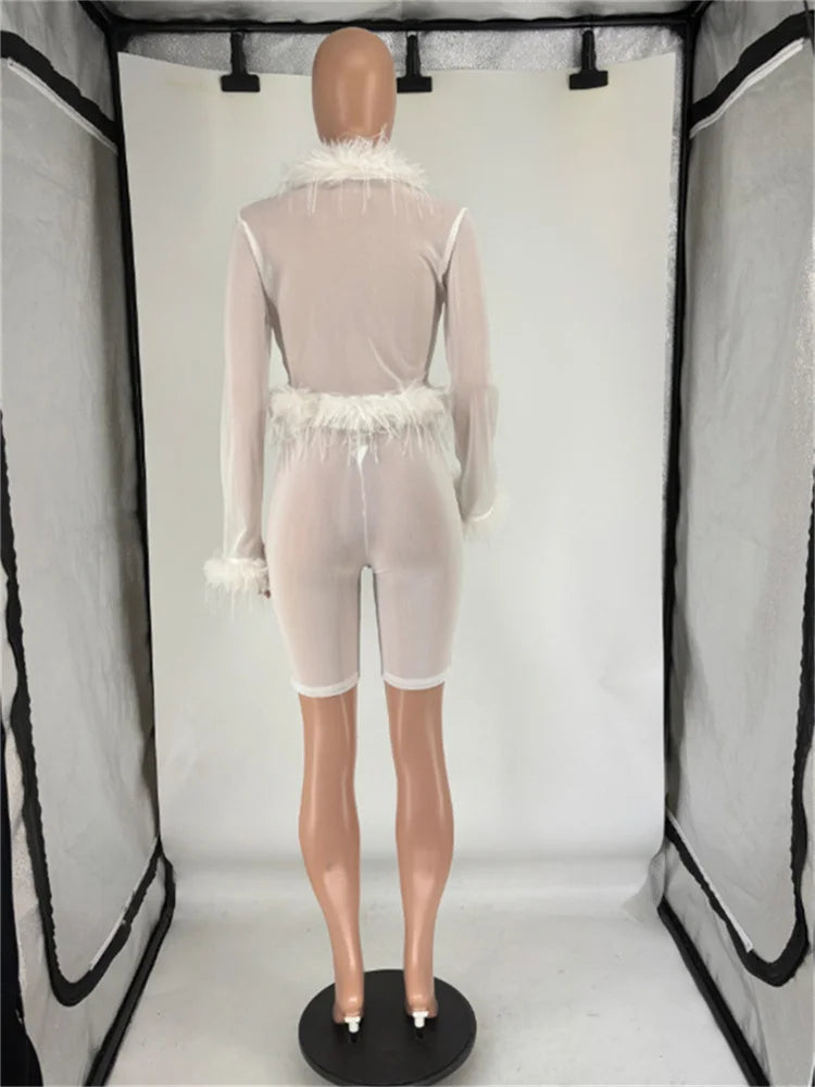 Weird Puss Sexy See Through 2 Piece Set Women Feather Patchwork Full Sleeve Tops++Skinny Shorts Midnight Club Party Trend Suit