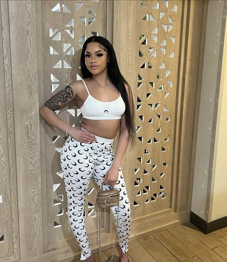 STYLISH LADY Moon Printed Sports 2 Piece Set Women Spaghetti Strap Crop Top and Skinny Pant Suits 2025 Summer Fitness Outfits