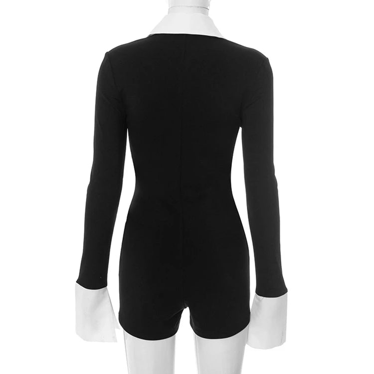 STYLISH LADY Contrast Color Elegant Playsuits 2025 Summer Women Long Sleeve V Neck Bodycon Sexy Club Party Short Rompers