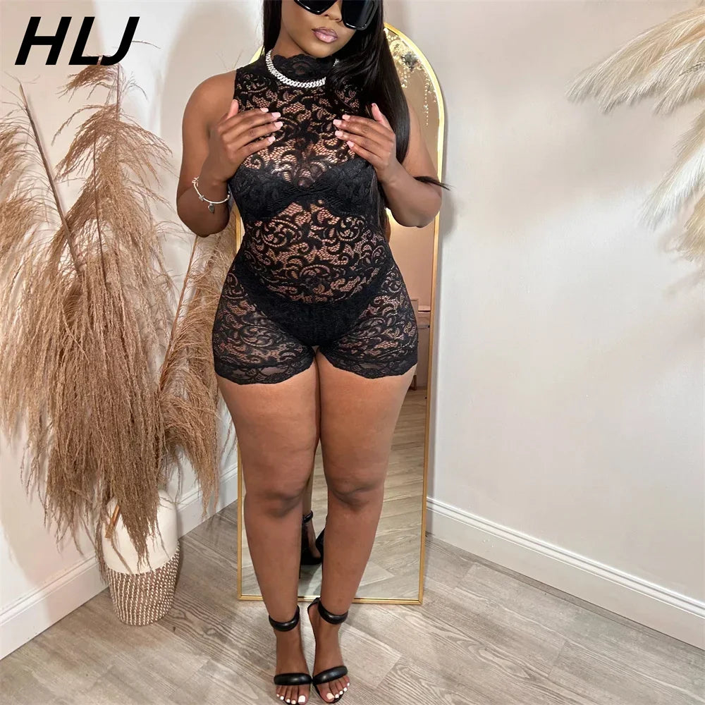 HLJ&GG Sexy Lace Perspective Hollow Out Bodycon One Pieces Rompers Womens V Neck Sleeveless Slim Jumpsuits Female Playsuits 2024