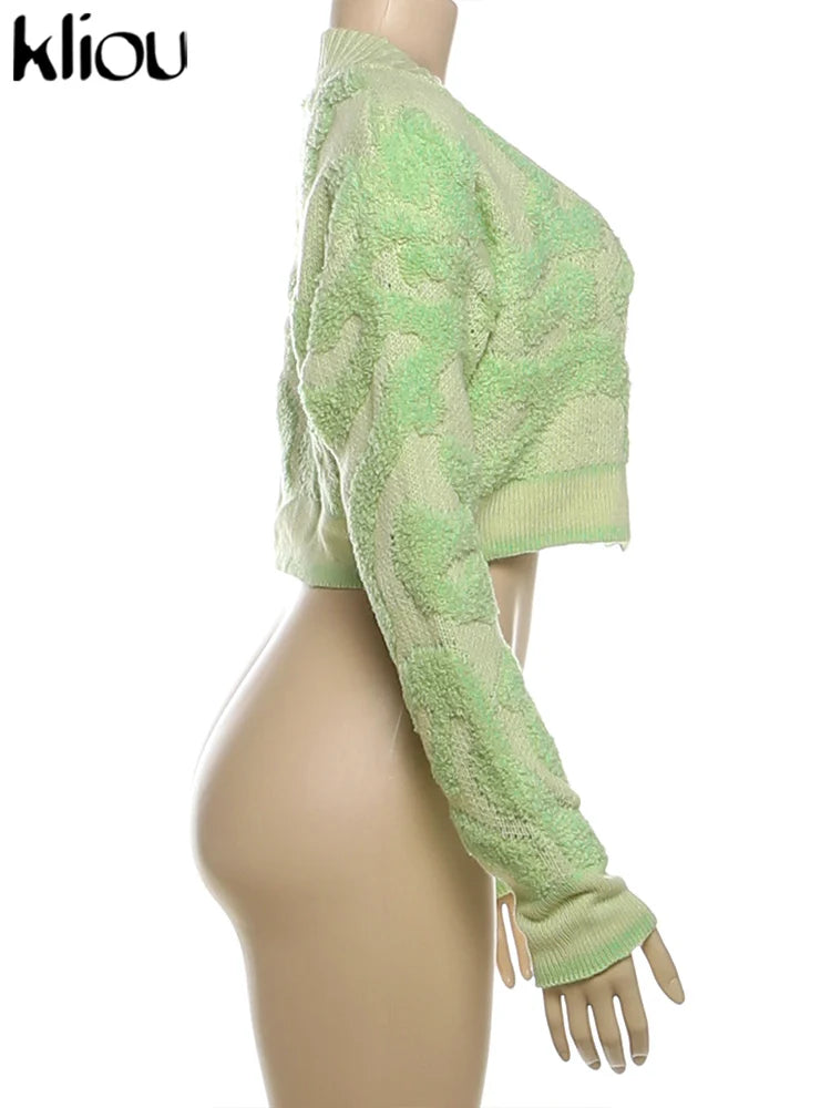 Kliou Knit Coats ladies Autumn New Full Sleeve Breasted Buttons V-neck Ruched Sweather Outwear Bare Midriff Street Tops