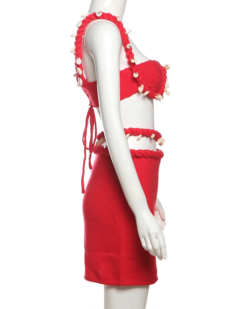 Weird Puss Crochet Applique Patchwork 2 Piece Set Women Sexy Backless Crop Tops+Bandage Hollow Skirts Vacation Beach Party Suits