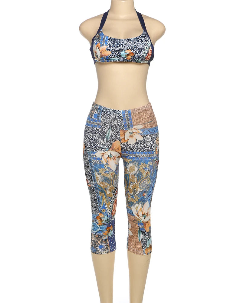 Weird Puss Colorful Print Women 2 Piece Set Tracksuit Summer Backless Camisole+Shorts Matching Street Stretch Activity Outfits