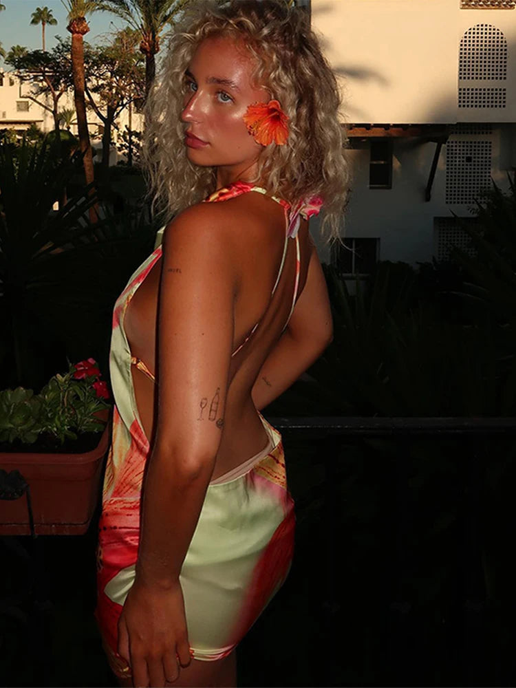 Backless Satin Short Dress Women Sexy 3D Flower Print Lace Up Sleeveless Halter Dresses 2025 Summer Beach Vacation Lady Vestisos