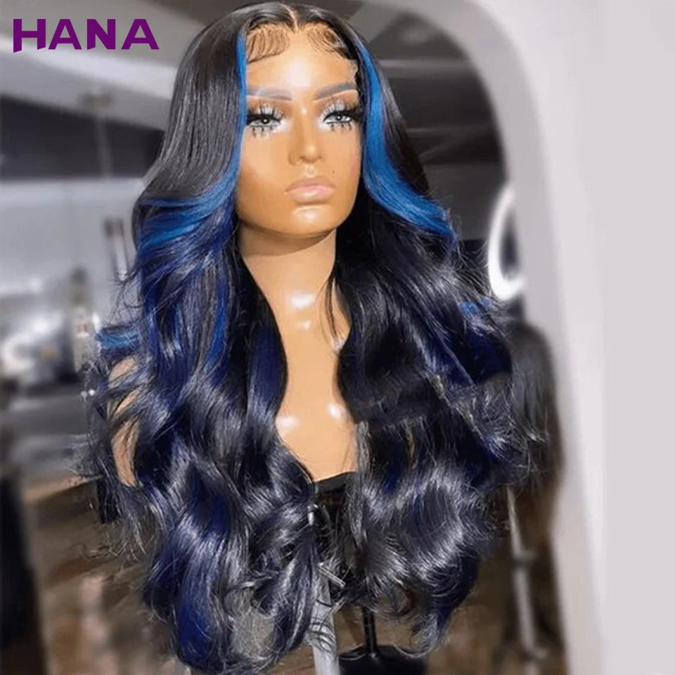 Ombre Blue Human Hair Wigs HD 13x6 Lace Frontal Wig Highlights Blue Brazilian Body Wave Bleached Knots Remy 5x7 Lace Closure Wig