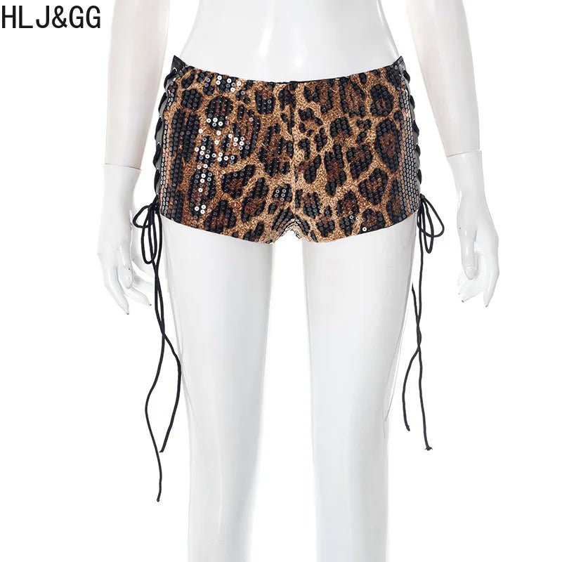HLJ&GG Y2K Fashion Cherry Tshirts Two Piece Sets Women O Neck Short Sleeve Slim Crop Top + Bandage Sequin Leopard Shorts Outfits