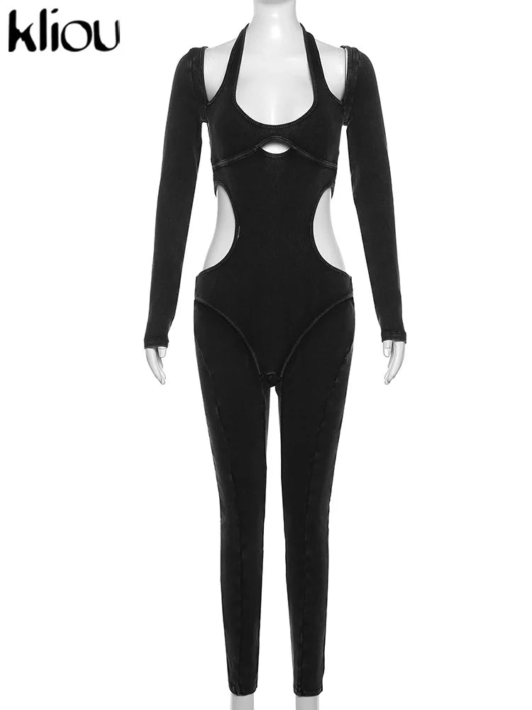 kliou Pure Cotton Jumpsuits ladies Halter Sexy Hollow Out Striped Folds Slim Fit Sexy Cleavage Overalls Stage Attirewear