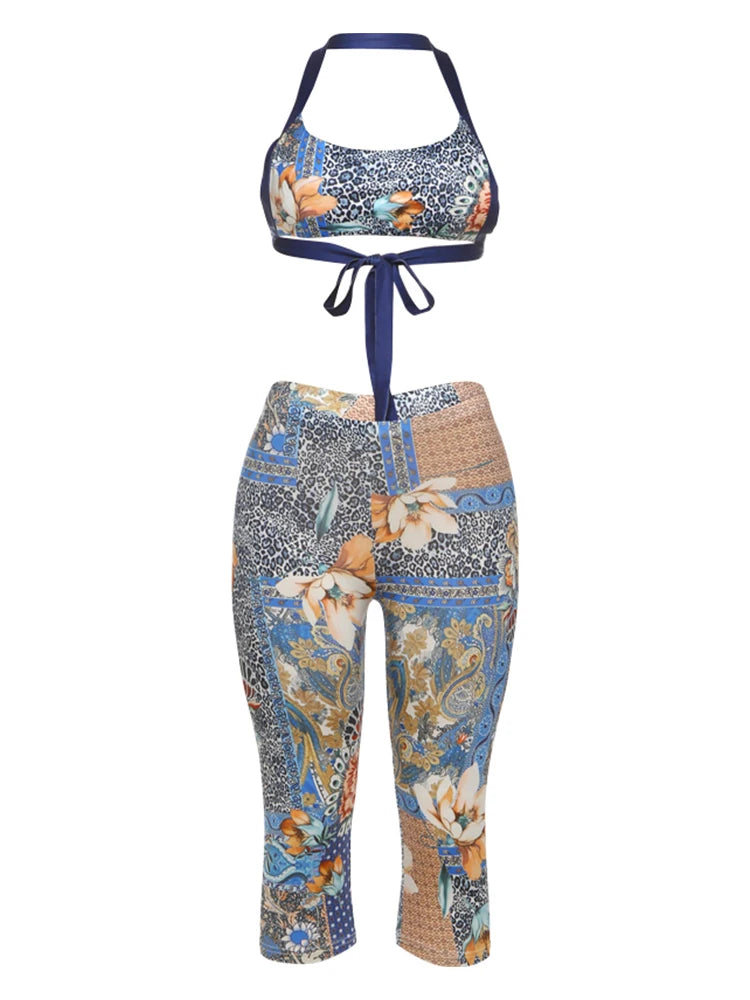Weird Puss Colorful Print Women 2 Piece Set Tracksuit Summer Backless Camisole+Shorts Matching Street Stretch Activity Outfits
