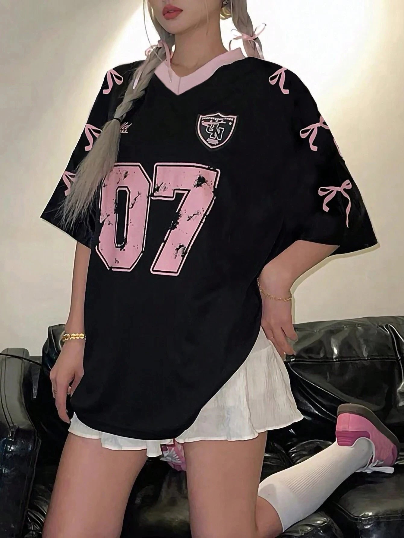 Oversized T-shirt For Women V-Neck Short Sleeve 2025 Summer Pink Patchwork Print Streetwear Tops Casual Football Jersey Y2k Tees