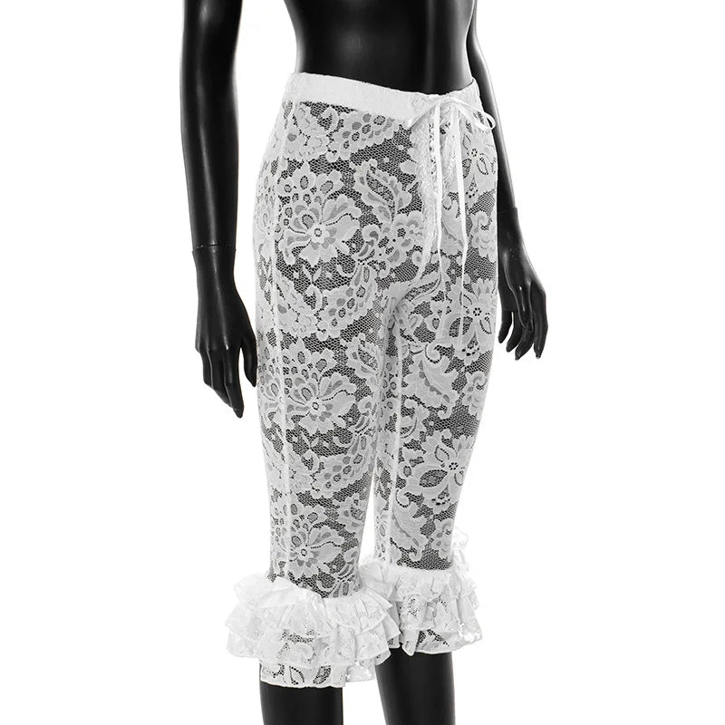 HLJ&GG Y2K Fashion Lace Bandage Hollow Out Two Piece Sets Women Off Shoulder Short Sleeve Slim Crop Top And Ruffle Shorts Outfit