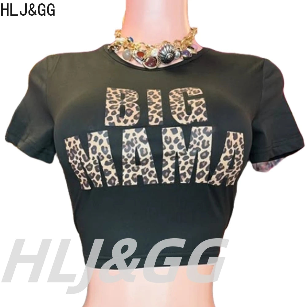 HLJ&GG Fashion Y2K Sequin Leopard Shorts Two Piece Sets Women Round Neck Short Sleeve Slim Crop Top And Shorts Outfit Streetwear