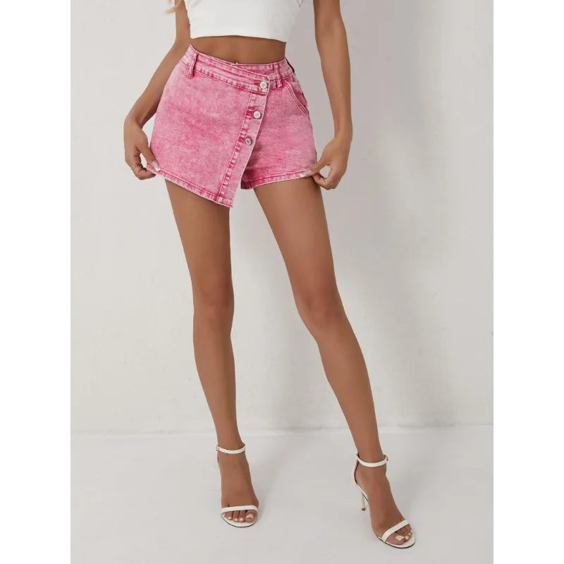 Ladies Shorts Casual Fashion Style High Waisted Pants with Asymmetrical Buttons 2025 New Pink Jeans