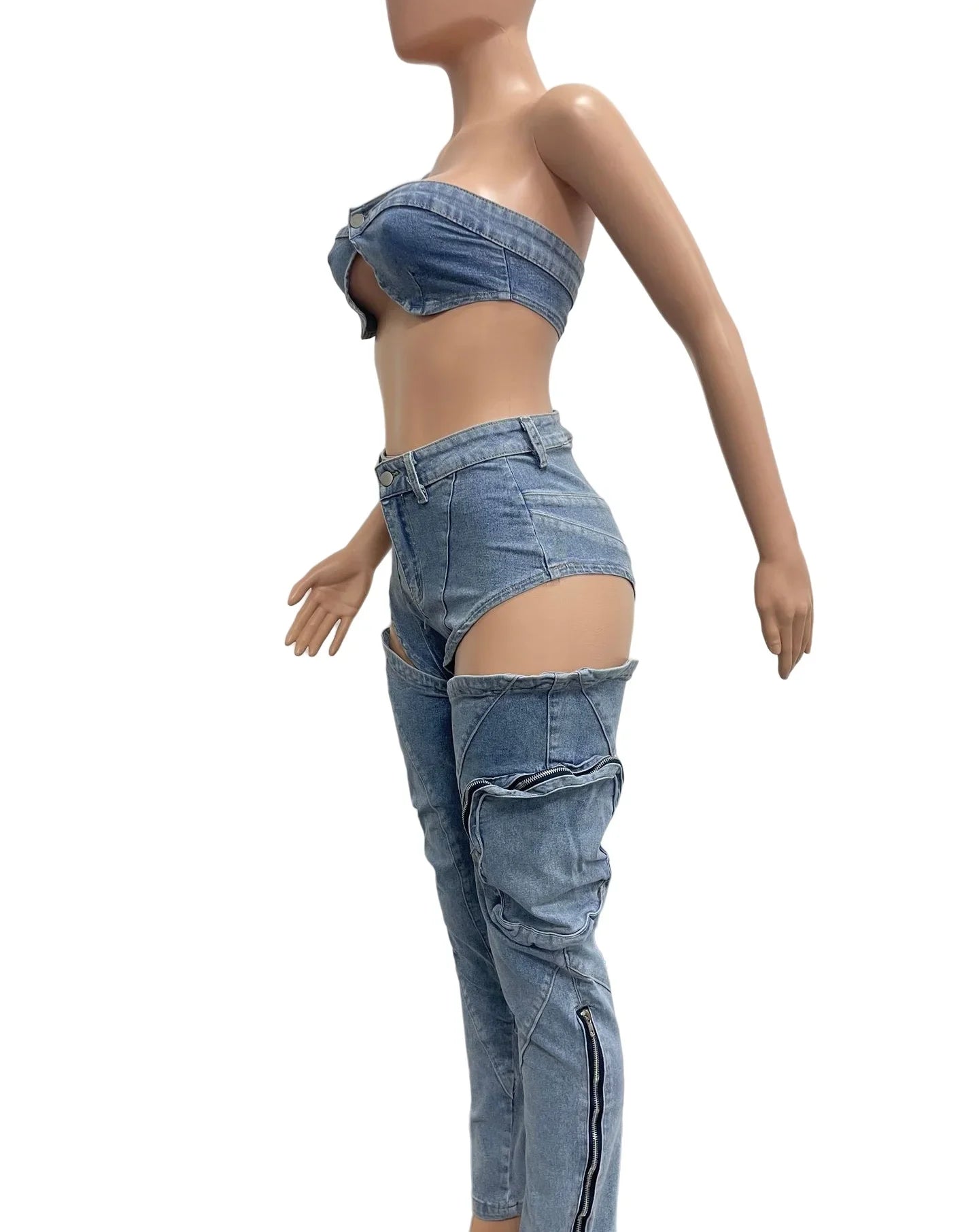 HLJ&GG Sexy jeans, Sleveless Hollow Out 2 Piece Sets Outfit Women Bikini Tops And Cargo Jean Pants Suits 2025 Cowboy Streetwear
