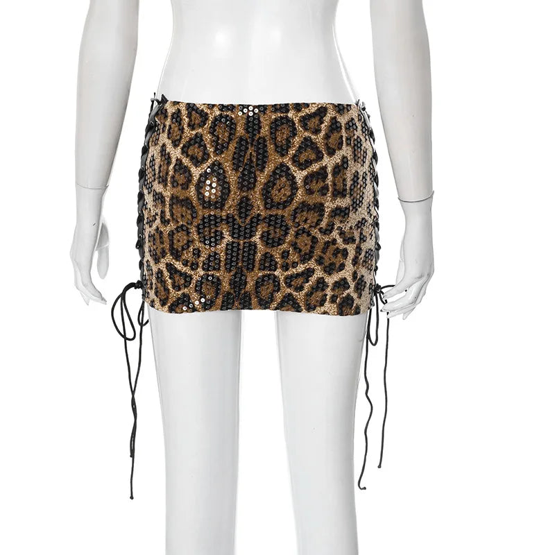HLJ&GG Fashion Knitting Printing Tank Top Two Piece Set Women Sleeveless Slim Crop Vest+Leopard Side Bandage Mini Skirts Outfits