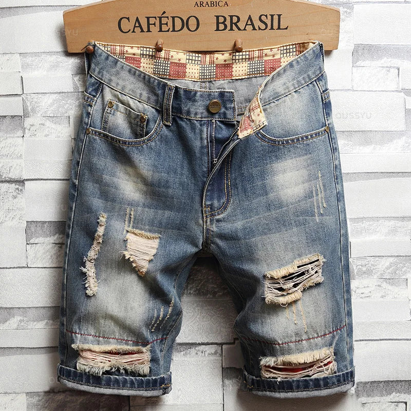 Brand Clothing New Summer Ripped Hole Denim Shorts Men Cotton Thin Straight Retro Biker Knee Length Short, Male Streetwear