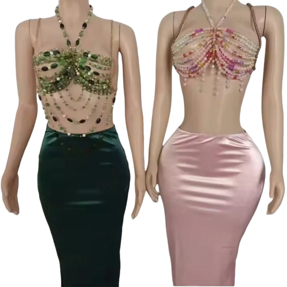 HLJ&GG Sexy Rhinestone Beads Halter Hollow Two Piece Sets Women Sleeveless Backless Top + Satin Skinny Skirts Outfits Streetwear